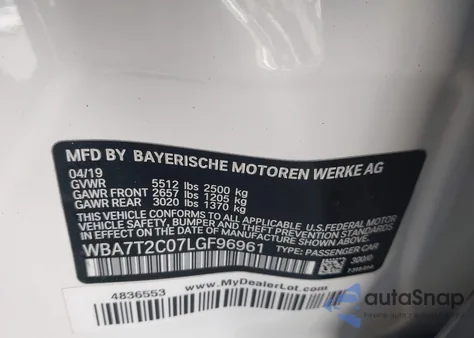 2020 BMW 740I z USA, uszkodzony, nr VIN WBA7T2C07LGF96961